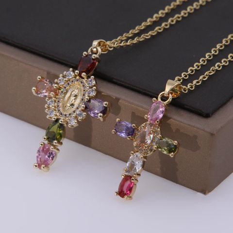 Wholesale IG Style Classic Style Cross Copper Plating Inlay 18K Gold Plated Zircon Pendant Necklace