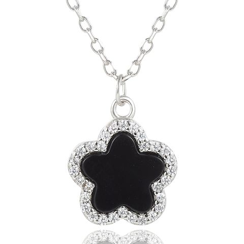 Sterling Silver White Gold Plated Gold Plated Cute Sweet Inlay Flower Agate Zircon Pendant Necklace