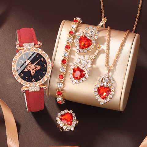 Elegant Glam Sweet Heart Shape Butterfly Buckle Quartz Women's Watches