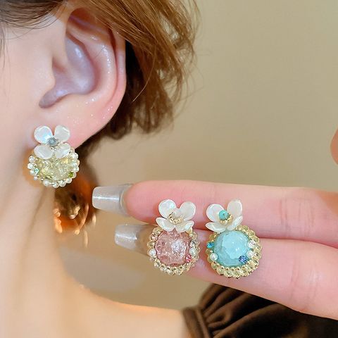 1 Pair IG Style Sweet Round Flower Inlay Alloy Artificial Pearls Crystal Glass Ear Studs