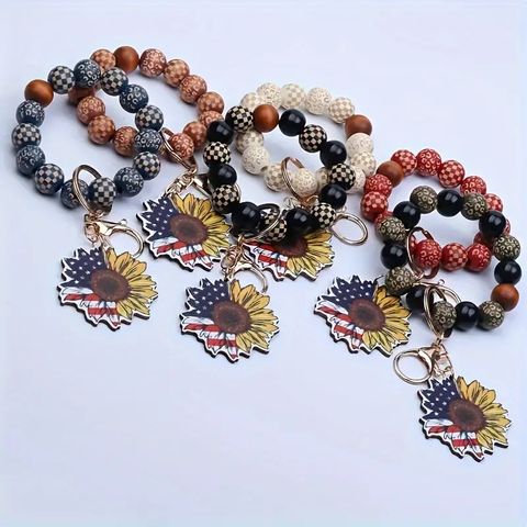 Simple Style Classic Style Commute Sunflower Lattice American Flag Wooden Beads Wood Metal Beaded Printing Independence Day American National Day Bag Pendant Bracelets Keychain