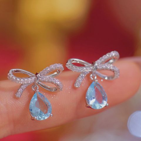 1 Piece Elegant Simple Style Water Droplets Bow Knot Plating Metal Copper Zircon Drop Earrings