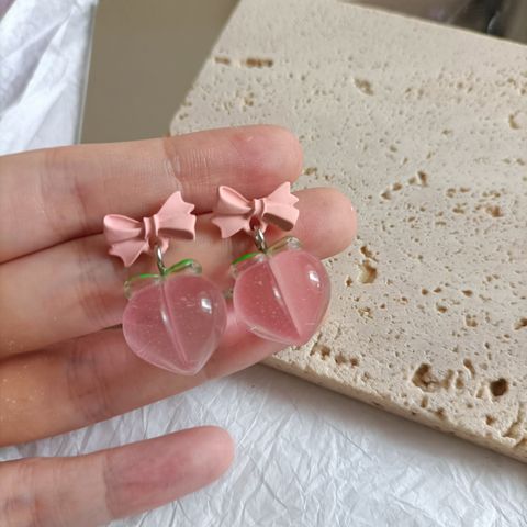 1 Pair Cute Peach Bow Knot Spray Paint Resin Drop Earrings