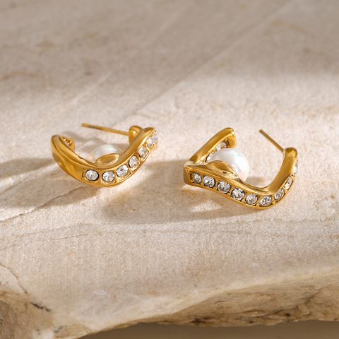 1 Pair IG Style Simple Style Geometric Inlay 316 Stainless Steel  Pearl Zircon 18K Gold Plated Ear Studs