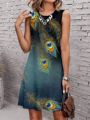Women's Tank Dress Elegant Round Neck Printing Sleeveless Peacock Daisy Knee-Length Daily