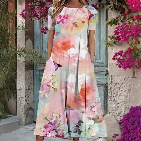 Women's Regular Dress Elegant Streetwear Square Neck Printing Short Sleeve Flower Midi Dress Holiday Daily