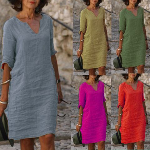 Regular Dress Simple Style Round Neck Half Sleeve Solid Color Midi Dress Holiday Daily
