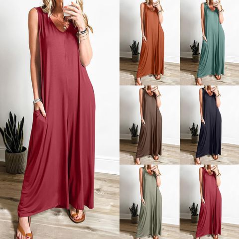 Women's Holiday Casual Solid Color Full Length Pocket Jumpsuits