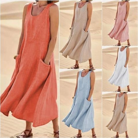 Women's Tank Dress Casual Vintage Style Round Neck Pocket Sleeveless Solid Color Maxi Long Dress Holiday Daily