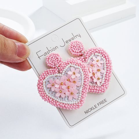 1 Pair Retro Exaggerated Sweet Heart Shape Embroidery Braid Seed Bead Drop Earrings