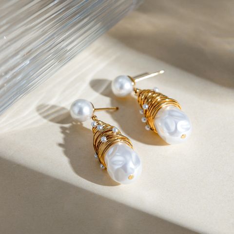 1 Pair IG Style Simple Style Water Droplets Inlay 304 Stainless Steel Pearl 18K Gold Plated Drop Earrings