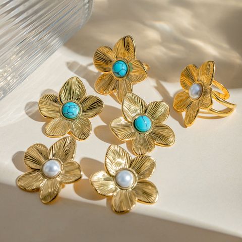 304 Stainless Steel 18K Gold Plated IG Style Simple Style Inlay Flower Turquoise Rings Earrings