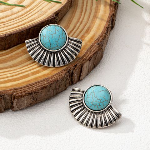 1 Pair Chinoiserie Retro Round Inlay Zinc Alloy Turquoise Ear Studs