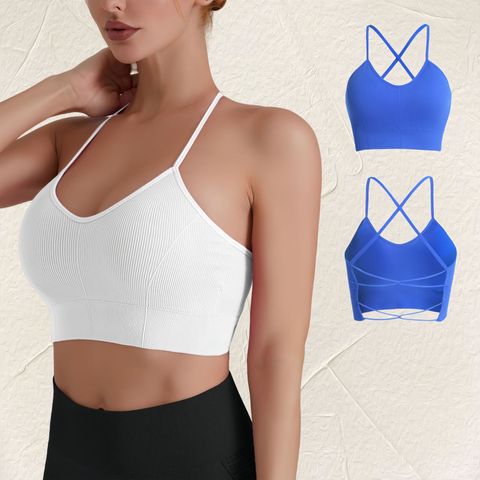 Simple Style Solid Color Nylon Strap Active Tops Halter Crisscross Tank