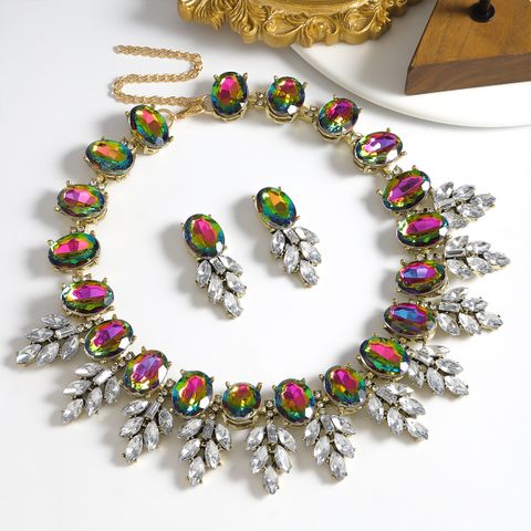 Hawaiian Luxurious Classic Style Leaves Oval K Gold Plated Rhinestones Alloy Wholesale Jewelry Set