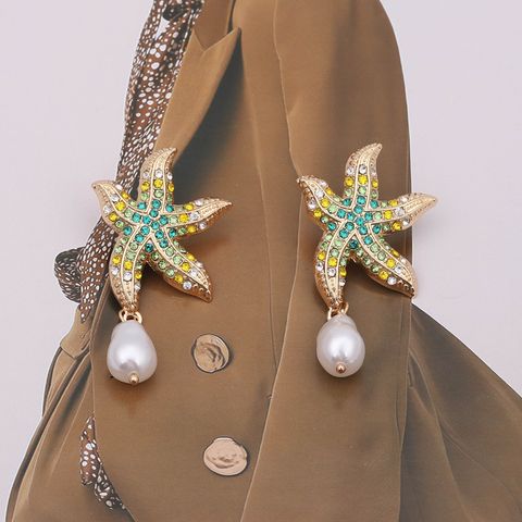 1 Pair Casual Beach Starfish Inlay Zinc Alloy Rhinestones Pearl Drop Earrings
