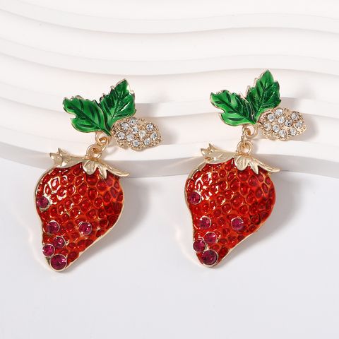 1 Pair Sweet Strawberry Inlay Alloy Rhinestones Drop Earrings