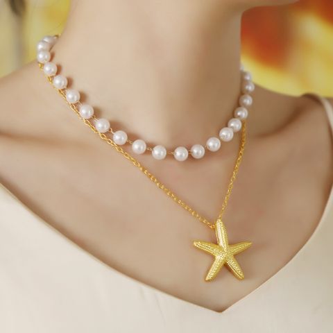 IG-Stil Lässig Seestern Zinklegierung Perle Überzug Frau Doppellagige Halsketten