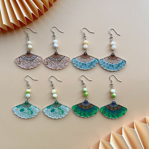 1 Pair Chinoiserie Novelty Classic Style Fan Bamboo Chrysanthemum Beaded Arylic Drop Earrings