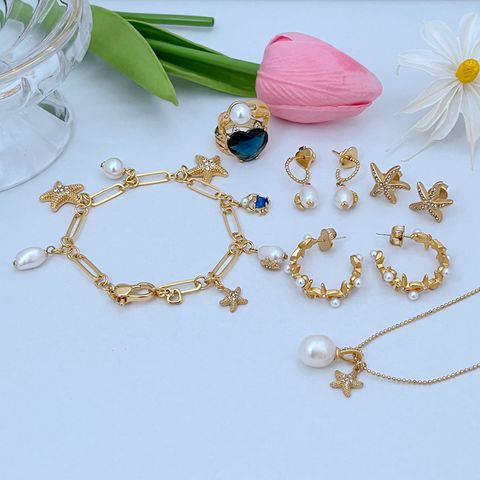 Copper Lady Marine Style Plating Starfish Ocean Freshwater Pearl Jewelry Set