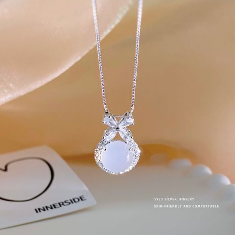 Sterling Silver IG Style Shiny Plating Inlay Round Flower Agate Zircon Pendant Necklace