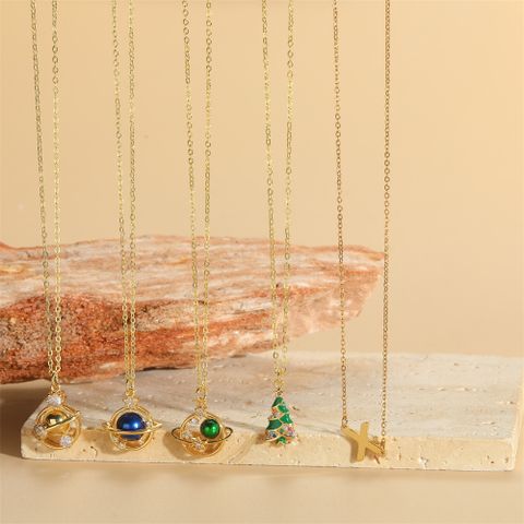 Copper 14K Gold Plated Simple Style Enamel Inlay Galaxy Water Droplets Zircon Pendant Necklace