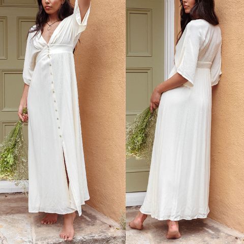 Women's White Dress Elegant V Neck Half Sleeve Solid Color Maxi Long Dress Holiday Daily