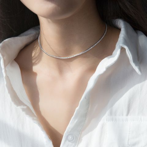 Plata Esterlina Elegante Embutido Color Sólido Circón Collar