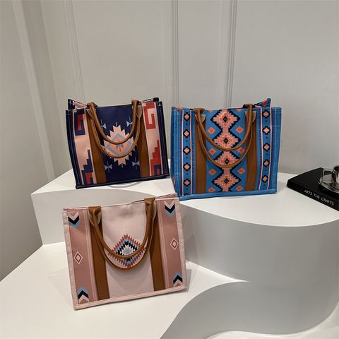 Women's Medium Canvas Geometric Ethnic Style Zipper Tote Bag