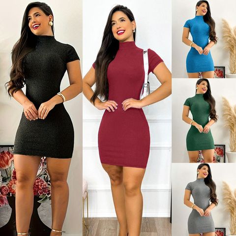Women's Sheath Dress Sexy High Neck Short Sleeve Solid Color Above Knee Party Street