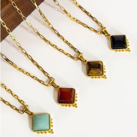 Wholesale Jewelry Retro Classic Style Rhombus 316L Stainless Steel  Natural Stone 18K Gold Plated Irregular Inlay Pendant Necklace