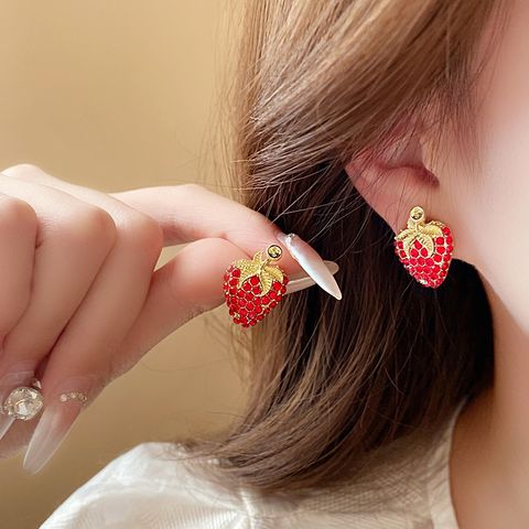 1 Pair Sweet Simple Style Strawberry Inlay Alloy Rhinestones Ear Studs