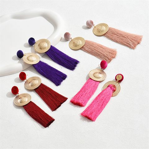 1 Pair Retro Simple Style Commute Round Tassel Alloy Polyester Drop Earrings