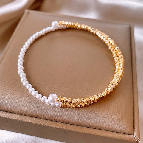 Copper 14K Gold Plated Retro Luxurious Beaded Pearl Plating Geometric Bangle