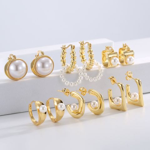 1 Pair Casual Simple Style Geometric Inlay Brass Pearl 18K Gold Plated Drop Earrings Ear Studs
