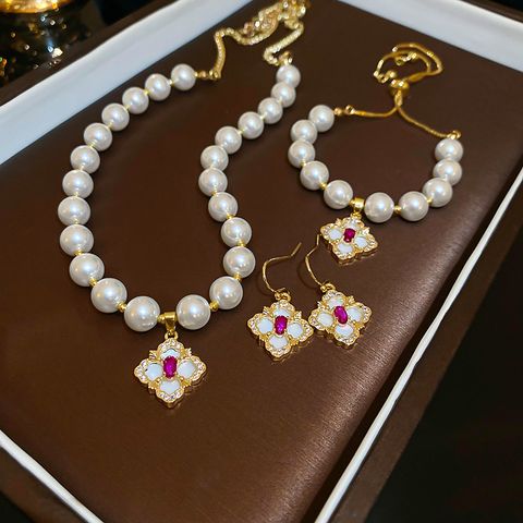Copper 18K Gold Plated Retro Simple Style Beaded Inlay Flower Imitation Pearl Zircon Bracelets Earrings Necklace