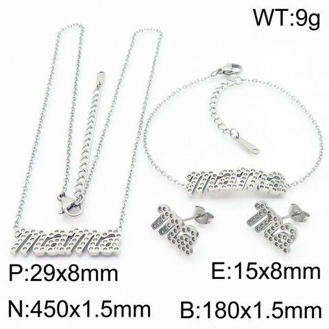 Wholesale Jewelry IG Style MAMA Simple Style Letter 304 Stainless Steel Zircon 18K Gold Plated Inlay Bracelets Earrings Necklace