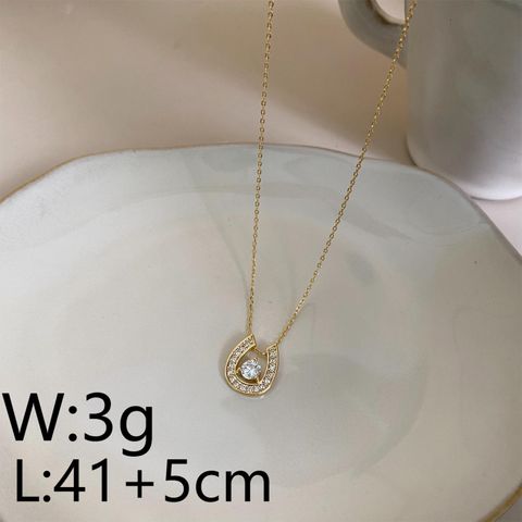 Wholesale Elegant Commute Shiny Round Bow Knot Horseshoe Copper Chain Inlay 14K Gold Plated Pearl Shell Zircon Pendant Necklace