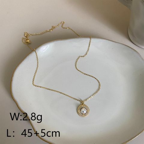 Copper 14K Gold Plated Elegant Commute Shiny Chain Inlay Round Bow Knot Horseshoe Pearl Shell Zircon Pendant Necklace