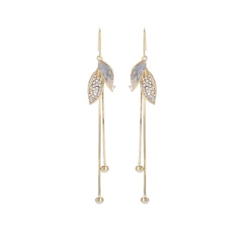 1 Pair IG Style Leaf Inlay Copper Crystal 14K Gold Plated Drop Earrings