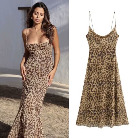 Women's Strap Dress Streetwear Strap Printing Backless Sleeveless Leopard Midi Dress Holiday
