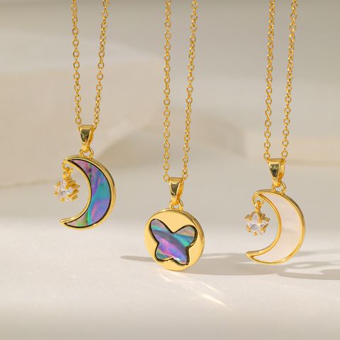 304 Stainless Steel Copper 18K Gold Plated Casual Simple Style Commute Inlay Moon Butterfly Acrylic Artificial Rhinestones Pendant Necklace Necklace