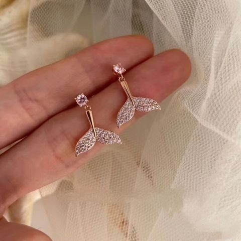 1 Pair Sweet Pastoral Simple Style Fish Tail Plating Inlay Copper Zircon 14K Gold Plated Drop Earrings