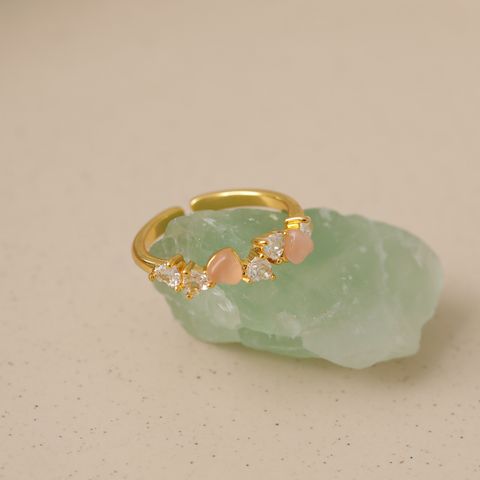 Copper 16K Gold Plated Fairy Style Princess Cute Plating Inlay Heart Shape Opal Zircon Open Rings