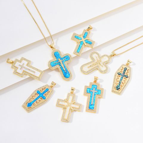 Copper 18K Gold Plated Simple Style Classic Style Enamel Inlay Cross Zircon Pendant Necklace