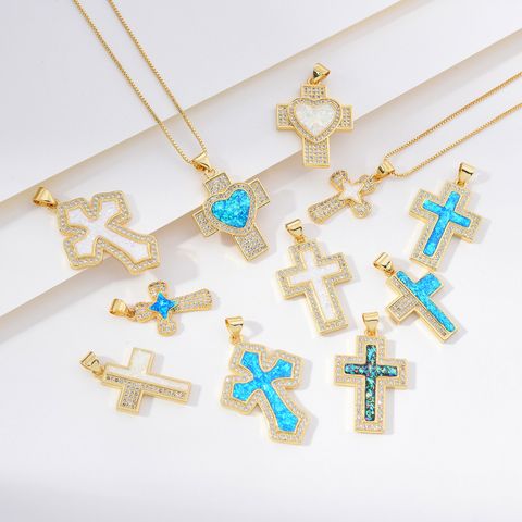 Copper 18K Gold Plated Simple Style Classic Style Enamel Inlay Cross Heart Shape Zircon Pendant Necklace