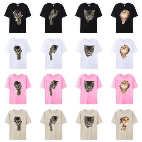 Unisex Cat Casual Round Neck Short Sleeve Regular Fit Men's T-shirt