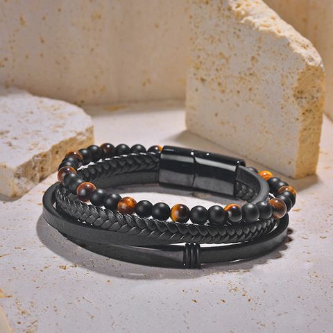 Gothic Cool Style Geometric 304 Stainless Steel Pu Tiger Eye Men's Bracelets