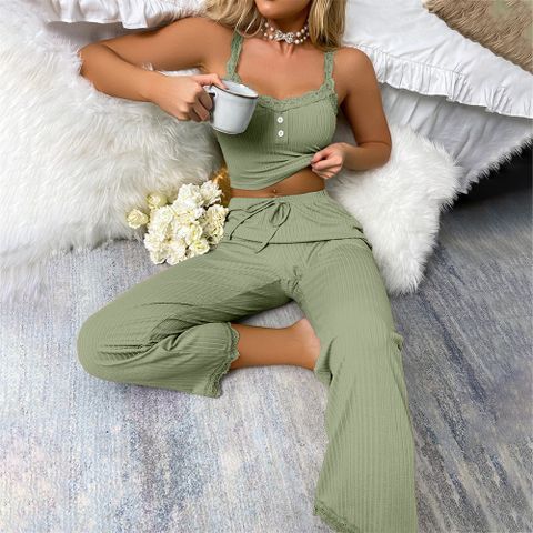 Home Daily Women's Casual Solid Color Polyester Pants Sets Pajama Sets