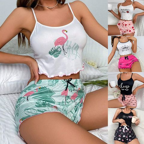 Home Daily Women's Casual Sweet Letter Polyester Shorts Sets Pajama Sets